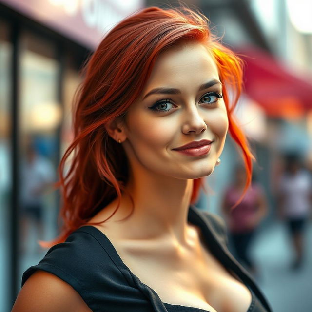 A young and attractive woman with striking red hair, exuding confidence and allure