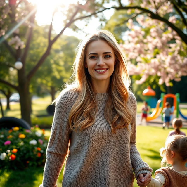 A beautiful, kind mother with an warm smile, dressed in a cozy sweater, holding her child's hand while strolling through a lush green park, trees and flowers blooming around her