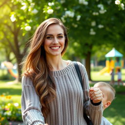 A beautiful, kind mother with an warm smile, dressed in a cozy sweater, holding her child's hand while strolling through a lush green park, trees and flowers blooming around her