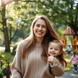 A beautiful, kind mother with an warm smile, dressed in a cozy sweater, holding her child's hand while strolling through a lush green park, trees and flowers blooming around her