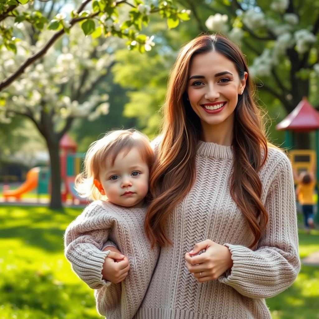 A beautiful, kind mother with an warm smile, dressed in a cozy sweater, holding her child's hand while strolling through a lush green park, trees and flowers blooming around her