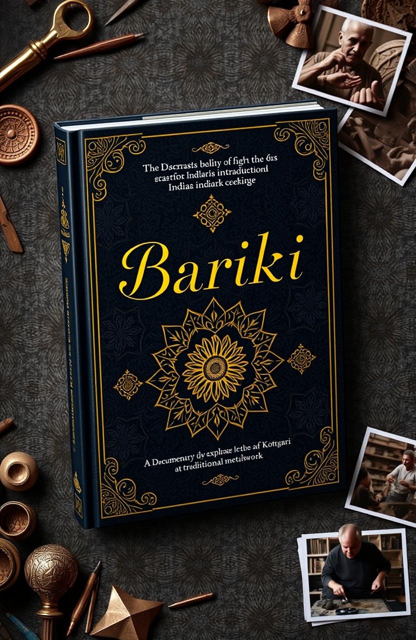 A captivating book cover design for 'Bariki', a documentary book that explores the art of Koftgari, a traditional Indian metalwork technique