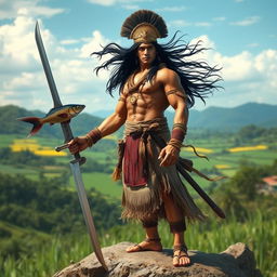 A majestic scene depicting Lam-ang, the legendary hero of the epic 'Biag ni Lam-ang', standing tall with an impressive physique, clad in traditional Filipino warrior attire