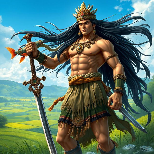 A majestic scene depicting Lam-ang, the legendary hero of the epic 'Biag ni Lam-ang', standing tall with an impressive physique, clad in traditional Filipino warrior attire