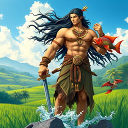 A majestic scene depicting Lam-ang, the legendary hero of the epic 'Biag ni Lam-ang', standing tall with an impressive physique, clad in traditional Filipino warrior attire