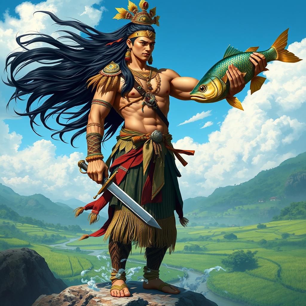 A majestic scene depicting Lam-ang, the legendary hero of the epic 'Biag ni Lam-ang', standing tall with an impressive physique, clad in traditional Filipino warrior attire