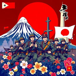 A vibrant poster depicting a symbolic representation of the Philippines and Japan in a historical war scene, showcasing both countries fighting strategically for peace