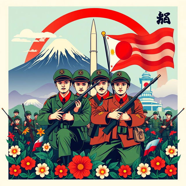 A vibrant poster depicting a symbolic representation of the Philippines and Japan in a historical war scene, showcasing both countries fighting strategically for peace