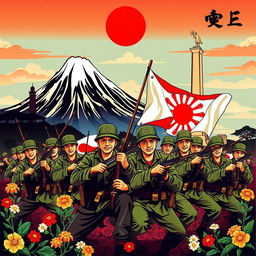 A vibrant poster depicting a symbolic representation of the Philippines and Japan in a historical war scene, showcasing both countries fighting strategically for peace