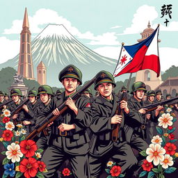 A vibrant poster depicting a symbolic representation of the Philippines and Japan in a historical war scene, showcasing both countries fighting strategically for peace