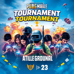 A vibrant and dynamic poster for a PUBG Mobile tournament, showcasing intense action and competition