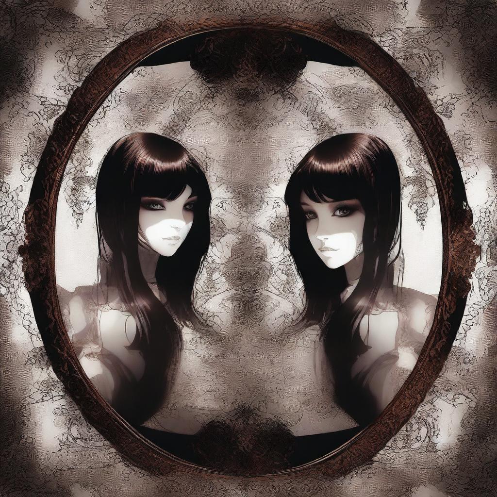 A high-quality, disorienting digital art piece where the shadow realm and the human realm intertwine, reflecting off a distorted mirror