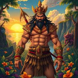 A majestic illustration of Labaw Donggon, the hero of Visayan epic, depicted as a legendary figure with a muscular build and commanding presence