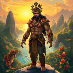 A majestic illustration of Labaw Donggon, the hero of Visayan epic, depicted as a legendary figure with a muscular build and commanding presence