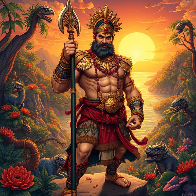 A majestic illustration of Labaw Donggon, the hero of Visayan epic, depicted as a legendary figure with a muscular build and commanding presence