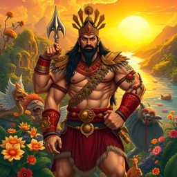 A majestic illustration of Labaw Donggon, the hero of Visayan epic, depicted as a legendary figure with a muscular build and commanding presence
