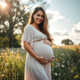 A beautiful and kind pregnant woman standing in a field of wildflowers, gently cradling her baby bump with a warm smile