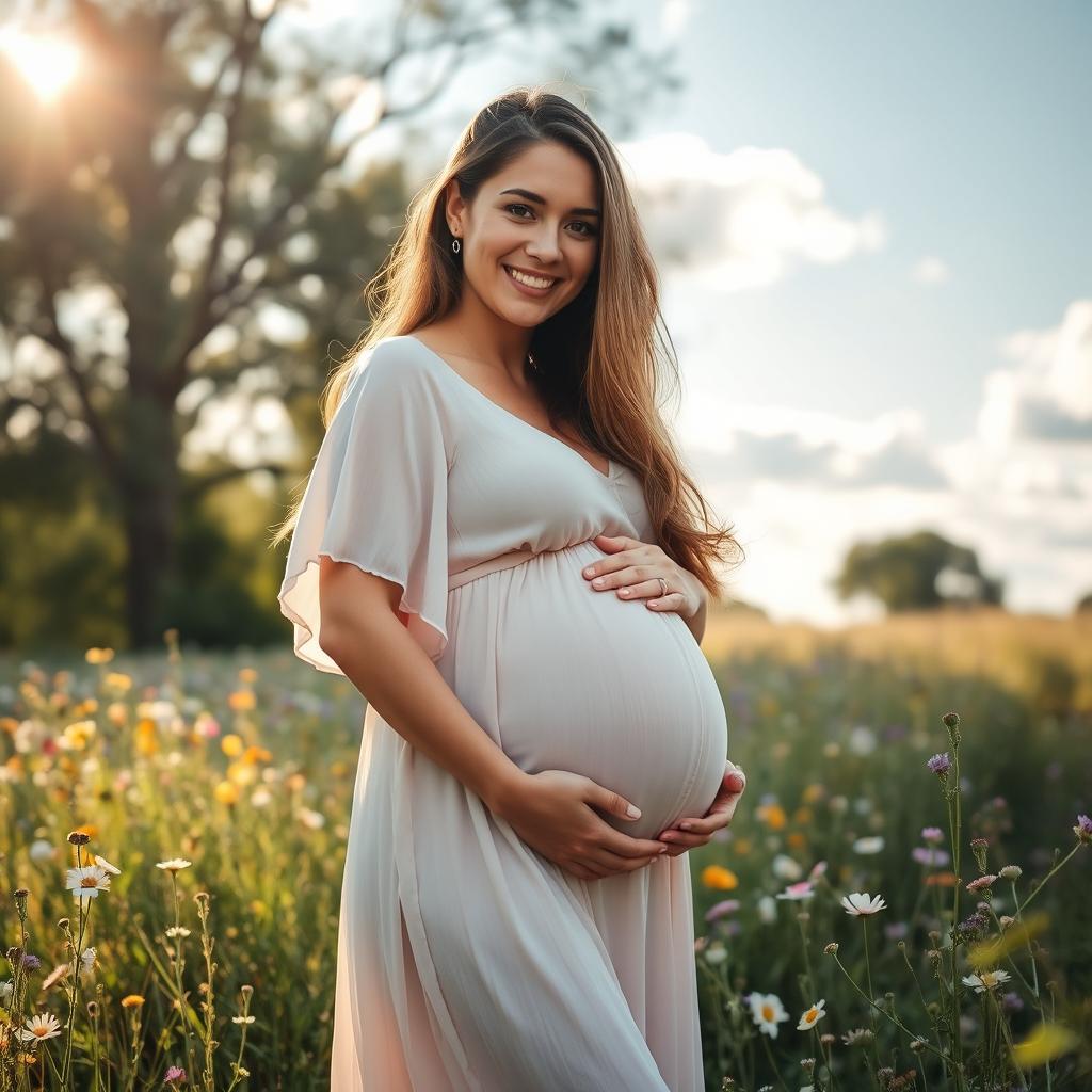 A beautiful and kind pregnant woman standing in a field of wildflowers, gently cradling her baby bump with a warm smile