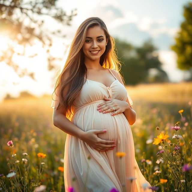 A beautiful and kind pregnant woman standing in a field of wildflowers, gently cradling her baby bump with a warm smile