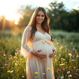 A beautiful and kind pregnant woman standing in a field of wildflowers, gently cradling her baby bump with a warm smile