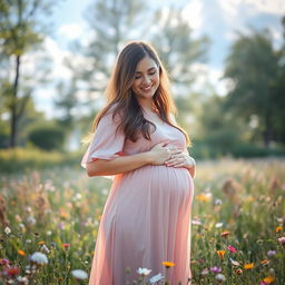 A beautiful and kind pregnant woman standing in a field of wildflowers, gently cradling her baby bump with a warm smile