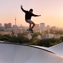 A skateboarder performing a mid-air trick with a cityscape background during sunset.