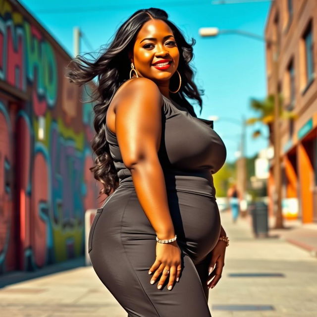 A confident and beautiful plus-size woman standing in an urban environment, wearing a stylish, form-fitting outfit that celebrates her curves