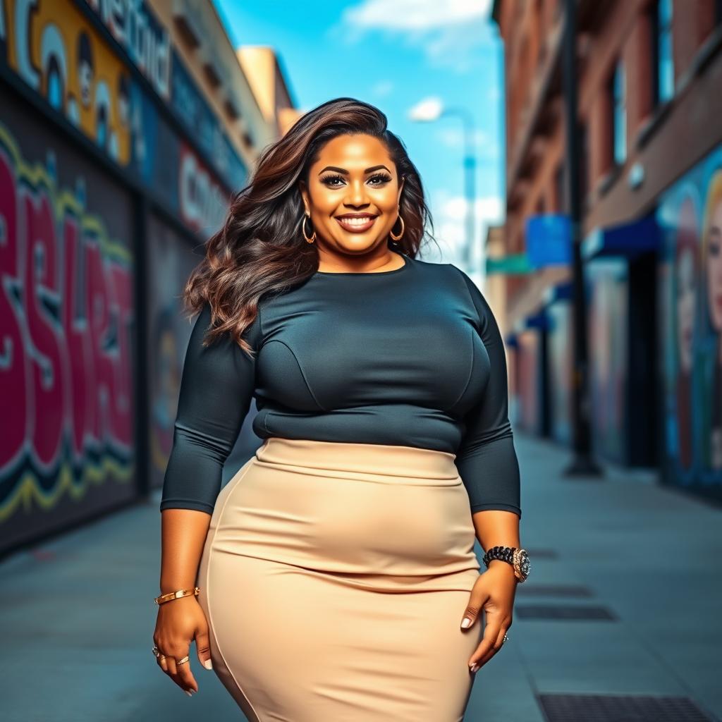 A confident and beautiful plus-size woman standing in an urban environment, wearing a stylish, form-fitting outfit that celebrates her curves