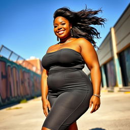 A confident and beautiful plus-size woman standing in an urban environment, wearing a stylish, form-fitting outfit that celebrates her curves