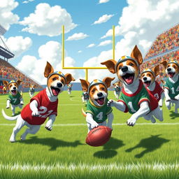 A whimsical scene depicting a group of energetic Jack Russell Terriers playing football on a sunny day