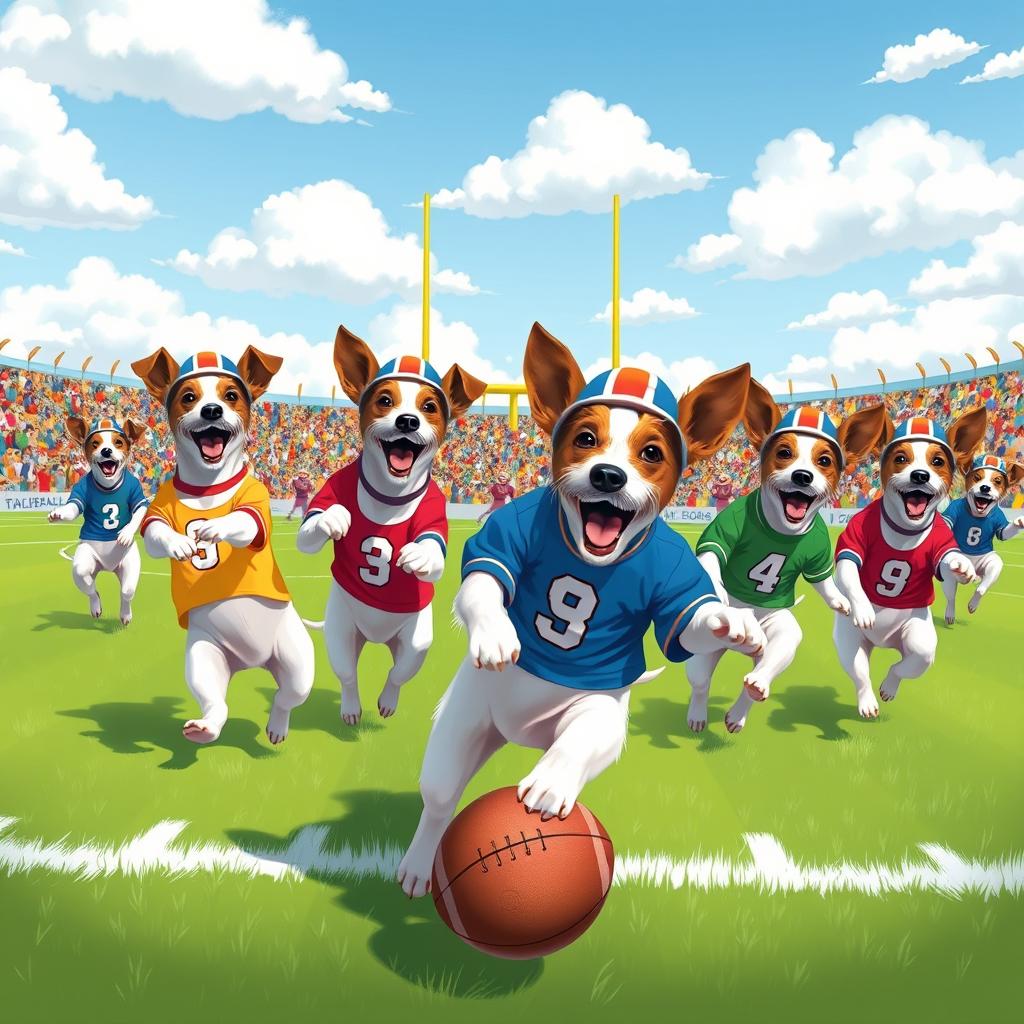 A whimsical scene depicting a group of energetic Jack Russell Terriers playing football on a sunny day