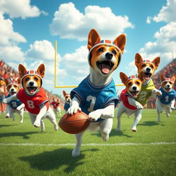 A whimsical scene depicting a group of energetic Jack Russell Terriers playing football on a sunny day