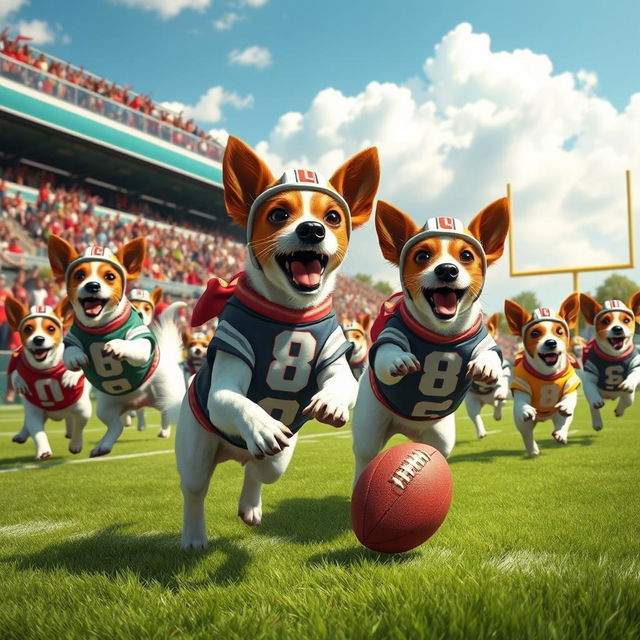 A whimsical scene depicting a group of energetic Jack Russell Terriers playing football on a sunny day