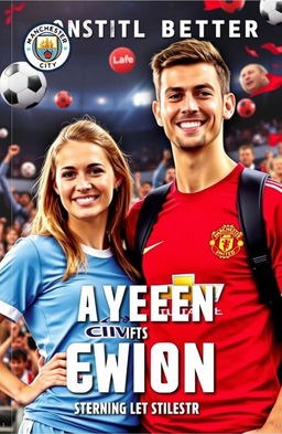 A book cover featuring a male Manchester United supporter and a female Manchester City supporter, both in vibrant football jerseys representing their teams