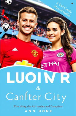 A book cover featuring a male Manchester United supporter and a female Manchester City supporter, both in vibrant football jerseys representing their teams