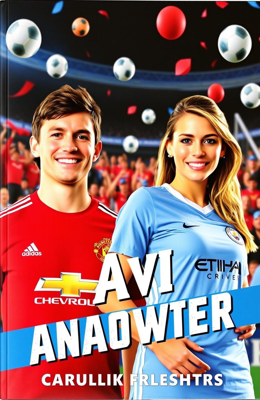A book cover featuring a male Manchester United supporter and a female Manchester City supporter, both in vibrant football jerseys representing their teams