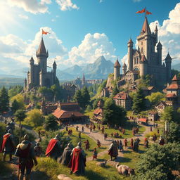 A captivating scene depicting a medieval MMO game environment designed for a YouTube channel, showcasing a sprawling fantasy landscape filled with vibrant details