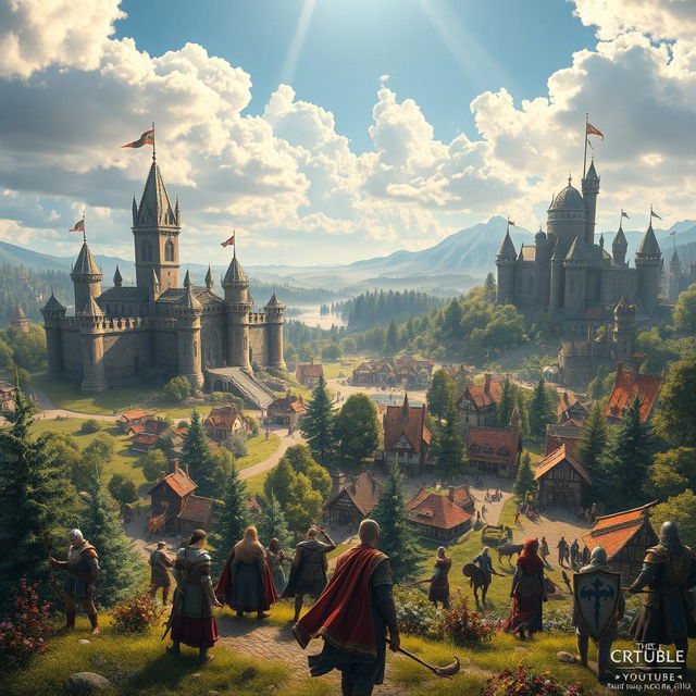 A captivating scene depicting a medieval MMO game environment designed for a YouTube channel, showcasing a sprawling fantasy landscape filled with vibrant details