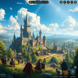 A captivating scene depicting a medieval MMO game environment designed for a YouTube channel, showcasing a sprawling fantasy landscape filled with vibrant details
