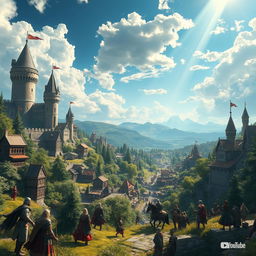 A captivating scene depicting a medieval MMO game environment designed for a YouTube channel, showcasing a sprawling fantasy landscape filled with vibrant details