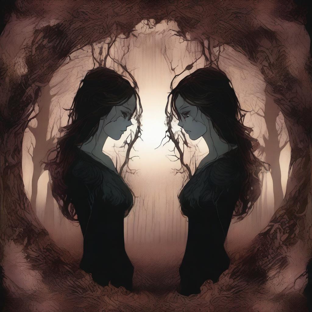 A high-quality, disorienting digital art piece where the shadow realm and the human realm intertwine, reflecting off a distorted mirror in a twisted Wonderland forest
