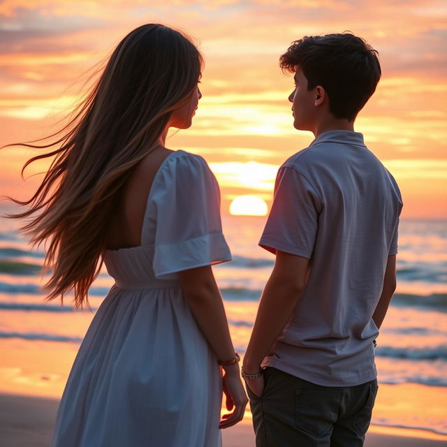 A charming scene of a 19-year-old boy quietly watching his girlfriend from behind as she looks out at a beautiful sunset by the beach