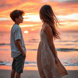A charming scene of a 19-year-old boy quietly watching his girlfriend from behind as she looks out at a beautiful sunset by the beach