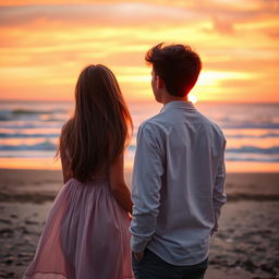 A charming scene of a 19-year-old boy quietly watching his girlfriend from behind as she looks out at a beautiful sunset by the beach
