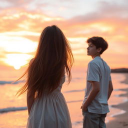A charming scene of a 19-year-old boy quietly watching his girlfriend from behind as she looks out at a beautiful sunset by the beach