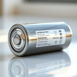 A highly detailed and realistic depiction of a modern battery, showcasing its sleek cylindrical design and metallic surface, with visible labels and specifications