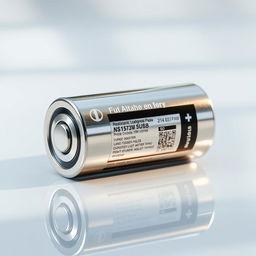 A highly detailed and realistic depiction of a modern battery, showcasing its sleek cylindrical design and metallic surface, with visible labels and specifications