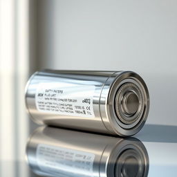 A highly detailed and realistic depiction of a modern battery, showcasing its sleek cylindrical design and metallic surface, with visible labels and specifications