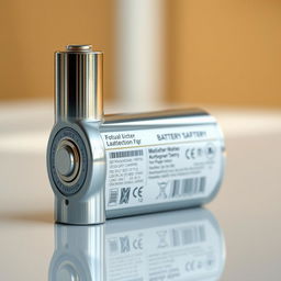 A highly detailed and realistic depiction of a modern battery, showcasing its sleek cylindrical design and metallic surface, with visible labels and specifications