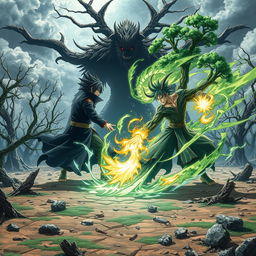 A majestic battlefield with shattered trees and ground displaying the scars of powerful attacks